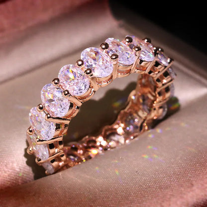 New Luxury Female White Crystal Stone Ring Rose Gold Silver Wedding 925 Silver Ring Female Cute Oval Zircon Engagement Jewelry