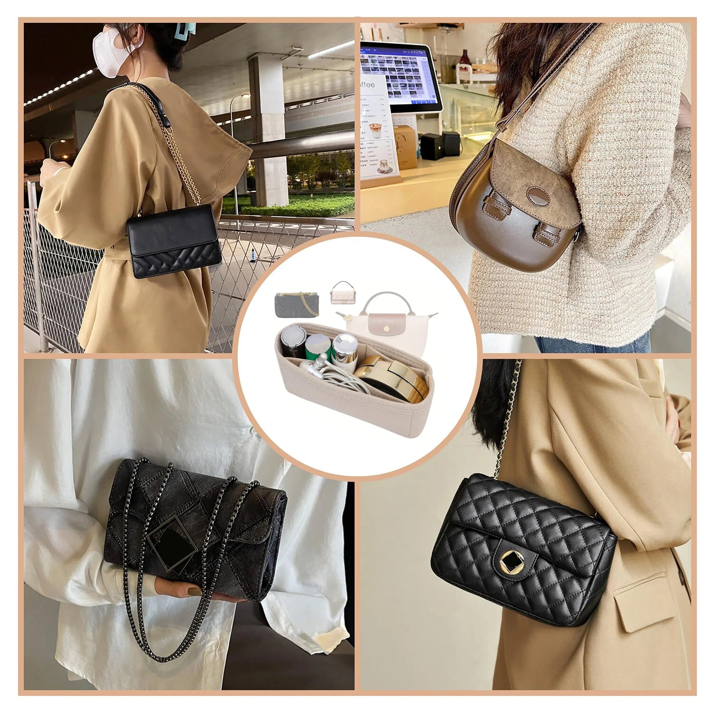 Portable Soft Felt Insert Bag Handbag Insert Bag Women's Travel Bag Insert Liner Brand Purse Organizer Pouch Makeup Organizers