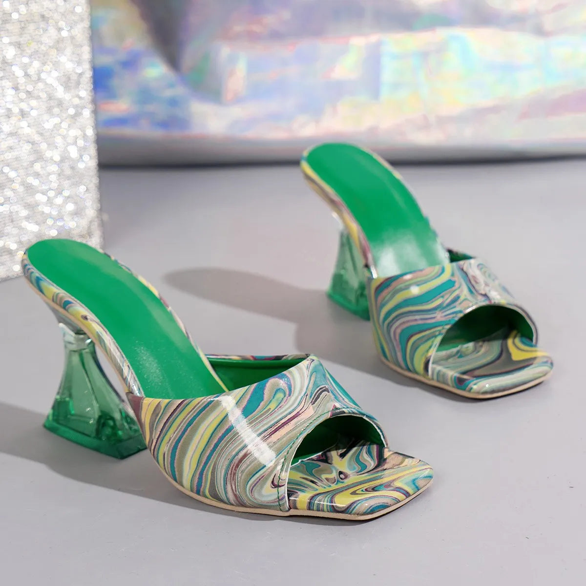Women High Heels Slippers New Summer Mix Color Graffiti Sandals Open Toes Squared Toes Transparent Fashion Sandals Slides Women
