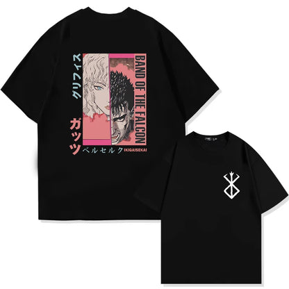 Japan Anime Berserk T-Shirt Guts Print Graphic Tee Men's 90s Summer Short Sleeve Casual Manga Dark Fantasy Black Swordsman Style