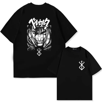 Japan Anime Berserk T-Shirt Guts Print Graphic Tee Men's 90s Summer Short Sleeve Casual Manga Dark Fantasy Black Swordsman Style